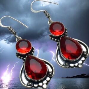 Handcrafted Garnet Dangle Earrings 925 Silver